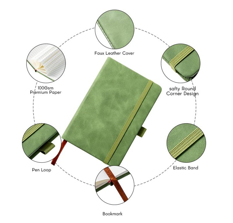 Animusphere 2Pack Pocket Notebook Small Notebook Journal Notebook 4 inches x 5.7 inches 200 Pages Leather Cover With Pen Holder Page Marker Ribbons (Green-withpen) - Image 5