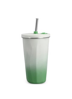 Tumbler with Straw and Lid, 600ML Gradient Color Thermos Cup, Thermal Insulated Vacuum Stainless Steel Thermal Mug, Reusable Leak-Proof Coffee Cups, Keeps Drinks Cold & Hot, Green