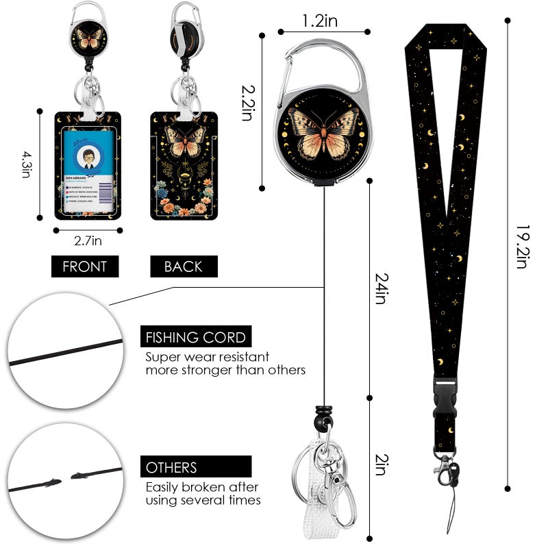 Vorruil Butterfly Flowers Lanyards ID Badge Women Gifts, Moon ID Badge Holder with Retractable Reel Clip and Keychain, Vertical Identity Badge Cover Case Protector for Teacher Nurse - Image 2