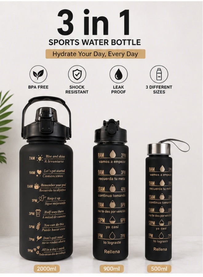3-in-1 Sports Water Bottle Set, 500ml, 900ml & 2000ml Reusable Water Bottles, BPA-Free, Leak-Proof & Shock-Resistant, Motivational Time Markers for Gym, Sports, Travel & Outdoor Use - Image 1