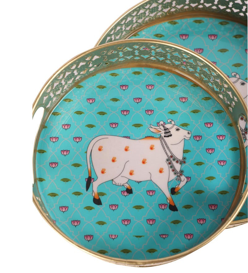 Two Moustaches Kamdhenu Cow with Lotus Flowers Design Serving Trays Set (8 Inches & 10 Inches), Platters for Tea/Coffee/Snacks, Decorative Pichwai Tray, Serving Tray Set, Multicolored, Pack of 2 - Image 2