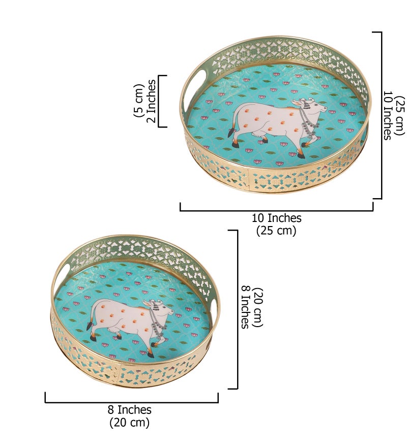 Two Moustaches Kamdhenu Cow with Lotus Flowers Design Serving Trays Set (8 Inches & 10 Inches), Platters for Tea/Coffee/Snacks, Decorative Pichwai Tray, Serving Tray Set, Multicolored, Pack of 2 - Image 5