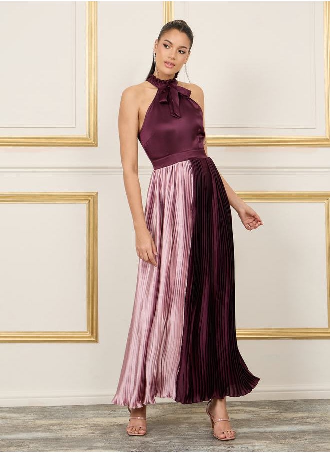 Styli Colorblock Pleated Halter Neck A-Line Maxi Dress  - Image 1