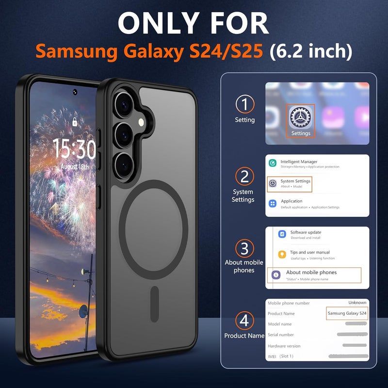 حافظة Pilaru المغناطيسية لهواتف Samsung S24/S25 [متوافقة مع تقنية MagSafe] | 2 طبقة حماية للشاشة | مقاومة للتصفر وبصمات الأصابع، مقاومة للصدمات، نسيج ناعم وشفاف يناسب شكل الهواتف - لون أسود مات - Image 2