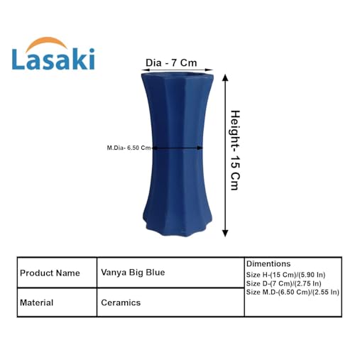 Lasaki Vanya Big Blue Ceramic Vase | Decorative Vase for Pampas Grass, Dried & Artificial Flowers | Centrepiece & Showpiece for Home Decor, Living Room, Bedroom & Tabletop Styling (D-7 X H-15 cm) - Image 2