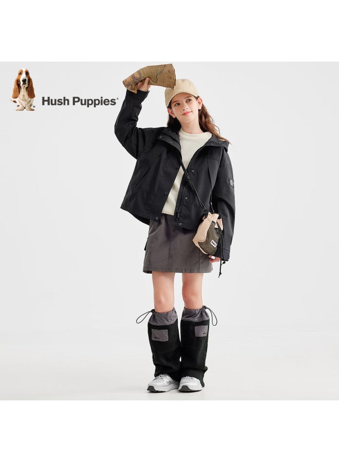 Hush Puppies Hush Puppies Girls' Triple-protection Jacket, Spring 2025 New Children's Workwear Hooded Windbreaker Top, Diamond Black, Size 140  - Image 2