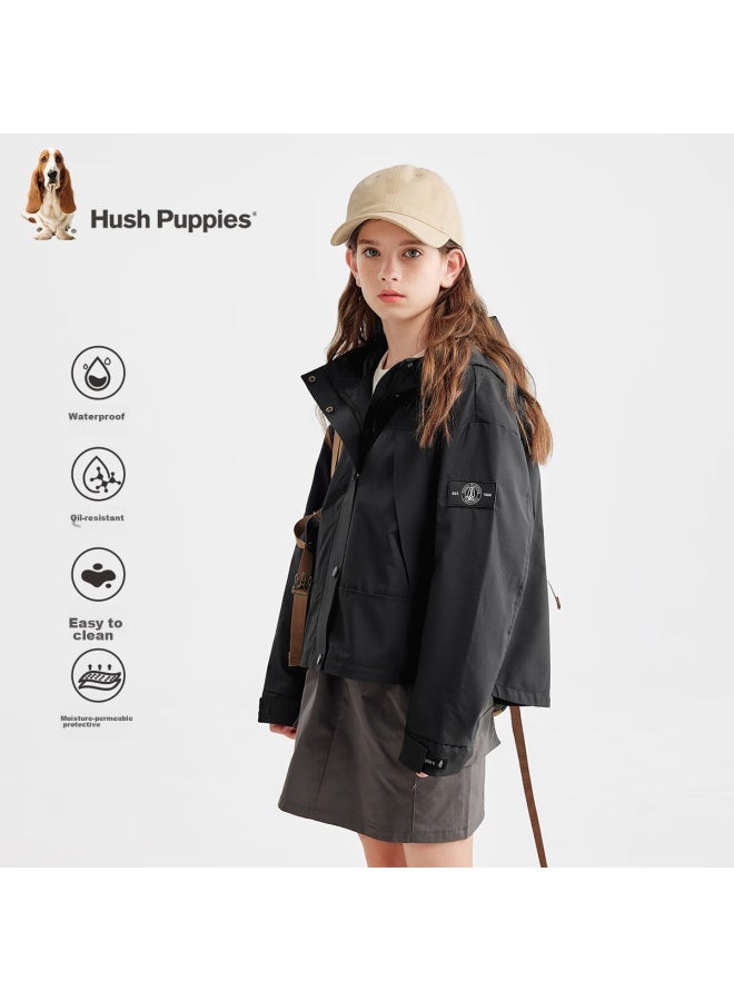 Hush Puppies Hush Puppies Girls' Triple-protection Jacket, Spring 2025 New Children's Workwear Hooded Windbreaker Top, Diamond Black, Size 140  - Image 3