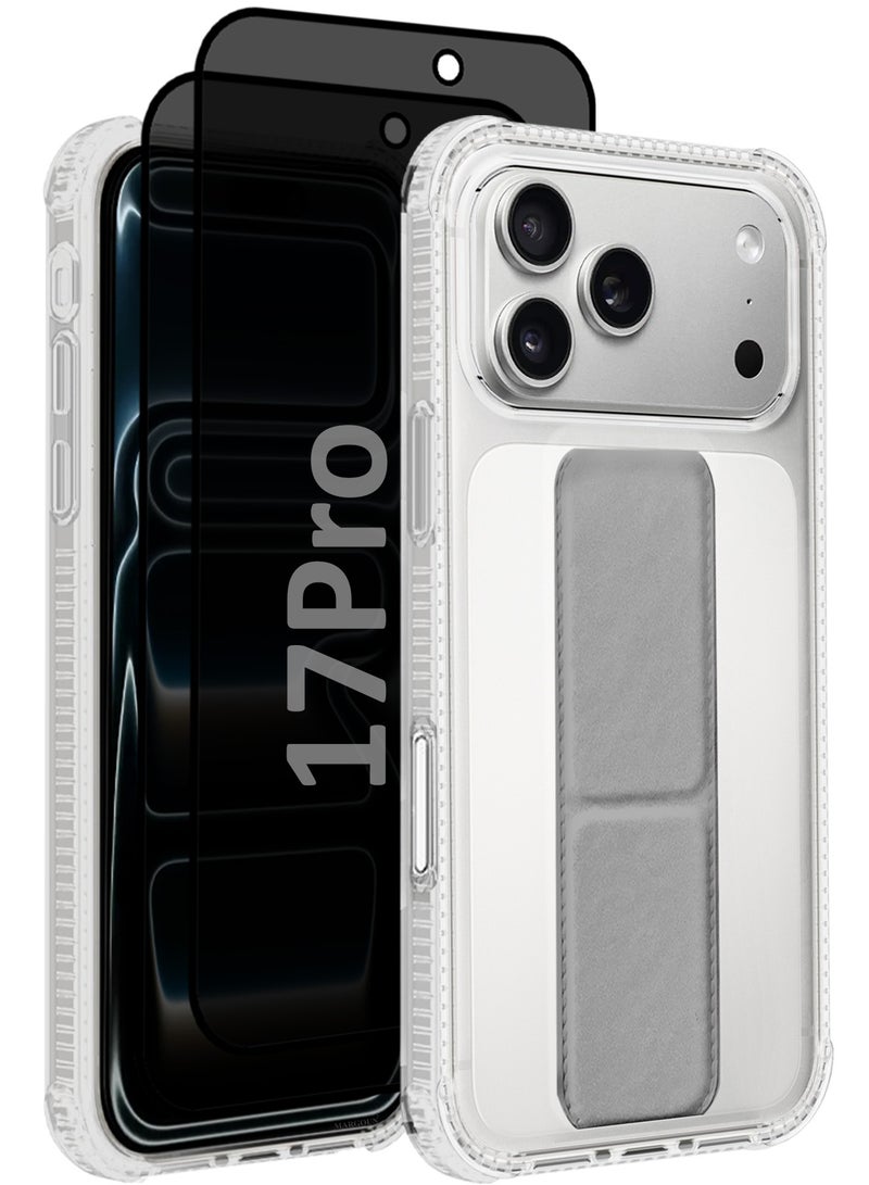 CATANES 3 Packs Finger Grip Clear Case Cover for iPhone 17 Pro- Kickstand Car Magnetic Holder Multi-function Protective Two-in-one Case with Two Privacy Screen Protectors - Grey - Image 1