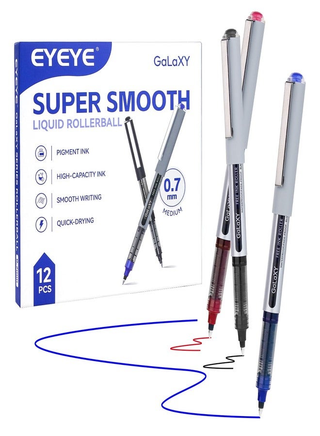 EYEYE Liquid Ink Rollerball Pens 12 Pack 3 Colors Black Blue Red 0.7mm Medium Point Pens Quick Dry Smooth Writing Pens for Journaling Office School Note Taking Supplies - Image 1