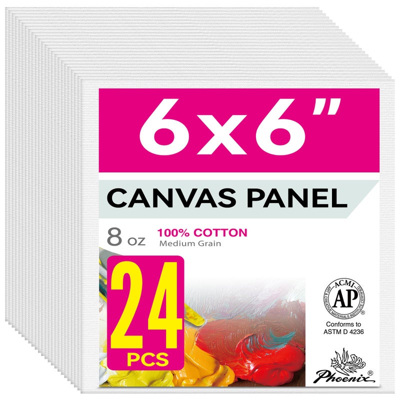 PHOENIX Small Painting Canvas Panels 6x6 Inch, 24 Bulk Pack - 8 Oz Triple Primed 100% Cotton Acid Free Square Canvas Boards for Painting, White Blank Flat Canvas Boards for Acrylic, Oil Paints - Image 1
