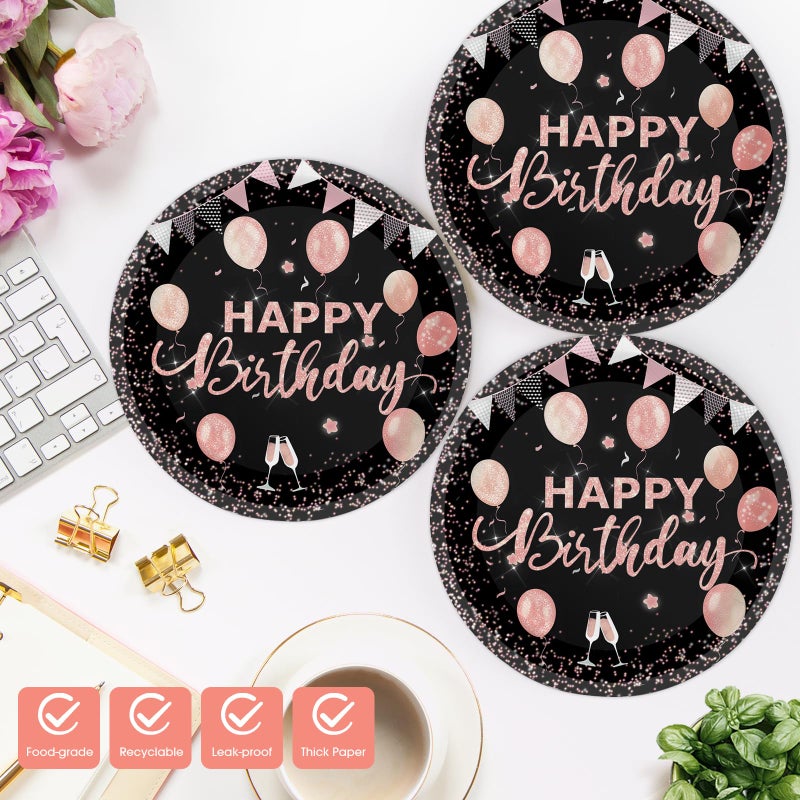 KFJBPB 40 Pcs Happy Birthday Plates and Napkins Party Supplies, Rose Gold Paper Plates Napkins Disposable Tableware Set for Women Girls Birthday Party Decorations - Image 3