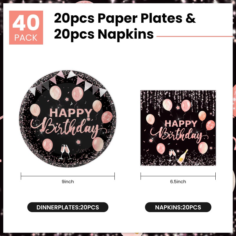 KFJBPB 40 Pcs Happy Birthday Plates and Napkins Party Supplies, Rose Gold Paper Plates Napkins Disposable Tableware Set for Women Girls Birthday Party Decorations - Image 2