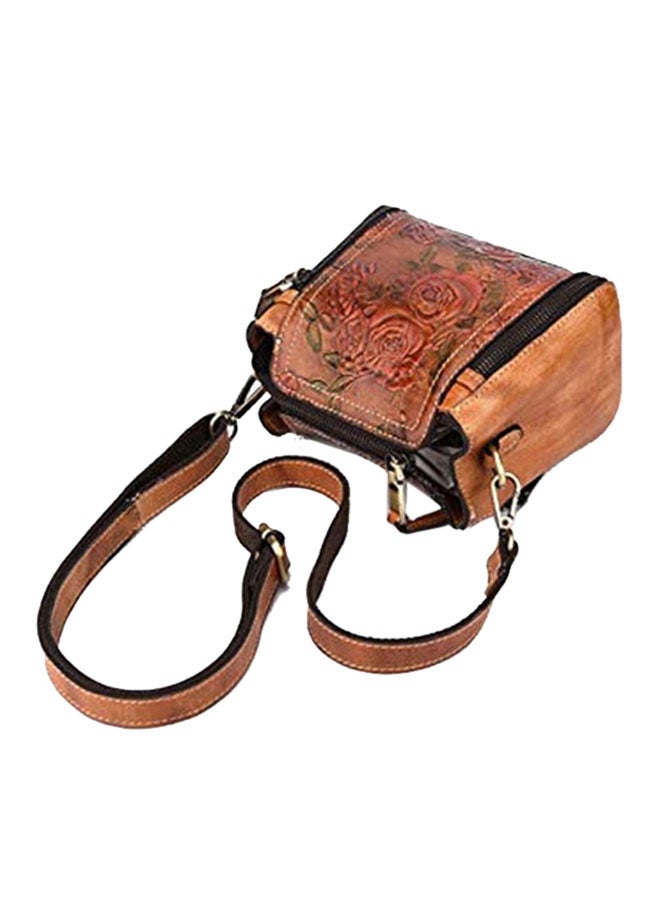 AMERTEER Embossed Craft Flower Crossbody Shoulder Bag Brown - Image 1