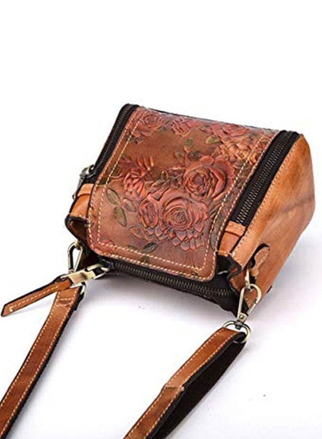 AMERTEER Embossed Craft Flower Crossbody Shoulder Bag Brown - Image 3