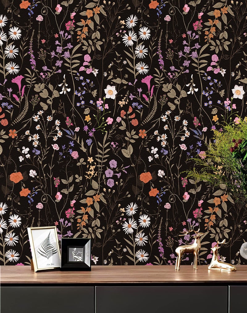 JiffDiff Floral Wallpaper Peel and Stick, Self Adhesive Wallpaper for Home Bedroom Cabinets and Kitchen Countertop Peel and Stick Thicken Contact Paper (17.3"x118", Dark Floral) - Image 1
