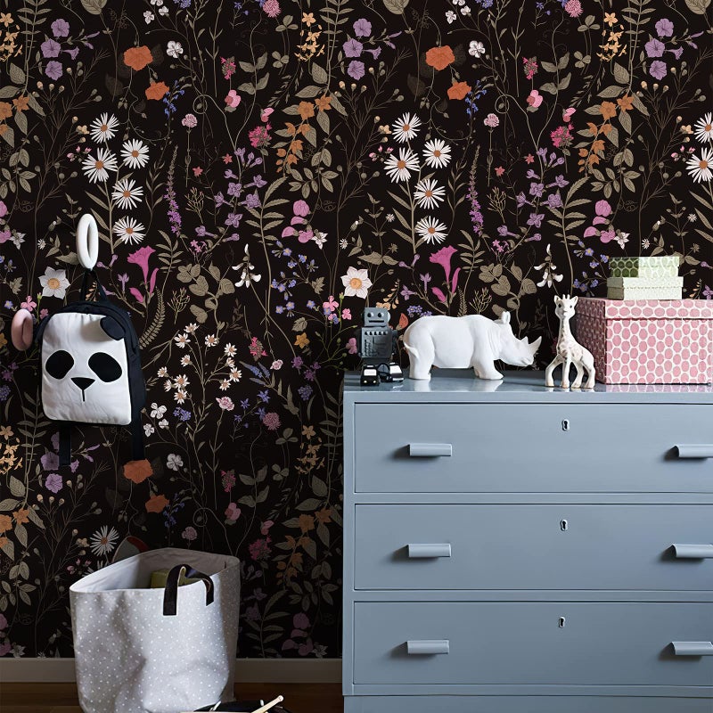 JiffDiff Floral Wallpaper Peel and Stick, Self Adhesive Wallpaper for Home Bedroom Cabinets and Kitchen Countertop Peel and Stick Thicken Contact Paper (17.3"x118", Dark Floral) - Image 2