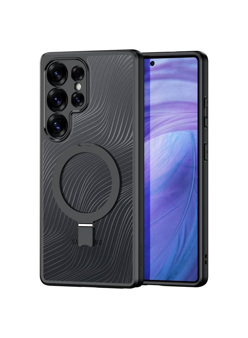 غطاء واقي مغناطيسي لـ Samsung Galaxy S25 Ultra، غطاء خلفي شفاف غير لامع بتصميم انسيابي، غطاء PC+TPU مقاوم للبصمات والصدمات مع حامل معدني قابل للطي. - Image 1