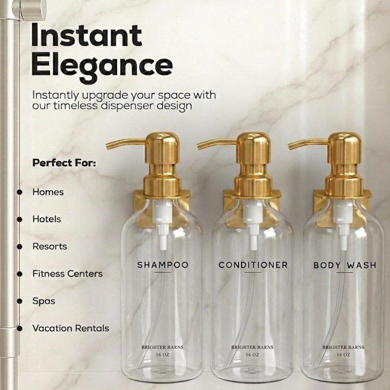 Brighter Barns Luxury Shampoo and Conditioner Dispenser Set Wall Mounted by - No-Drill Shower Soap Dispenser Set & Stainless Steel Pumps - Refillable Shampoo Bottles - Gold Bathroom Decor (Clear Gold) - Image 2