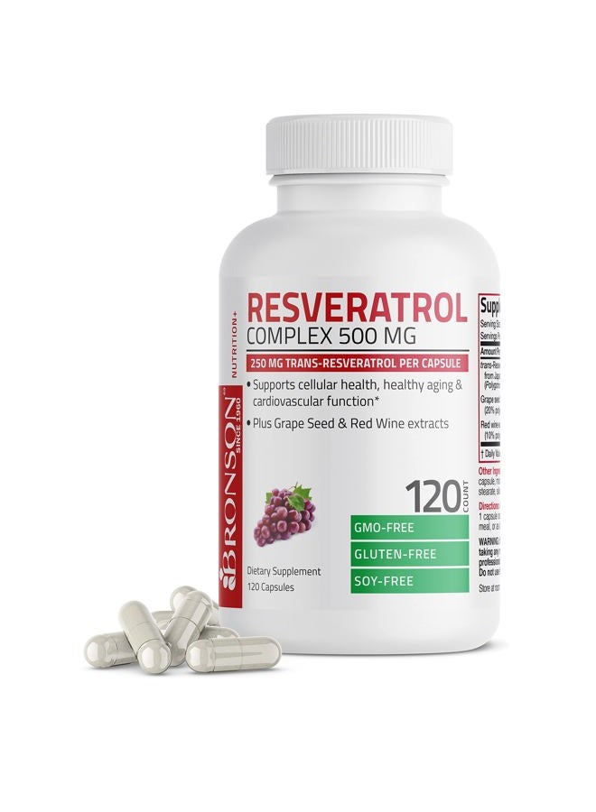 Bronson Resveratrol 500 Complex Standardized Trans-Resveratrol + Grape Seed & Red Wine Extract, 120 Capsules - Image 1
