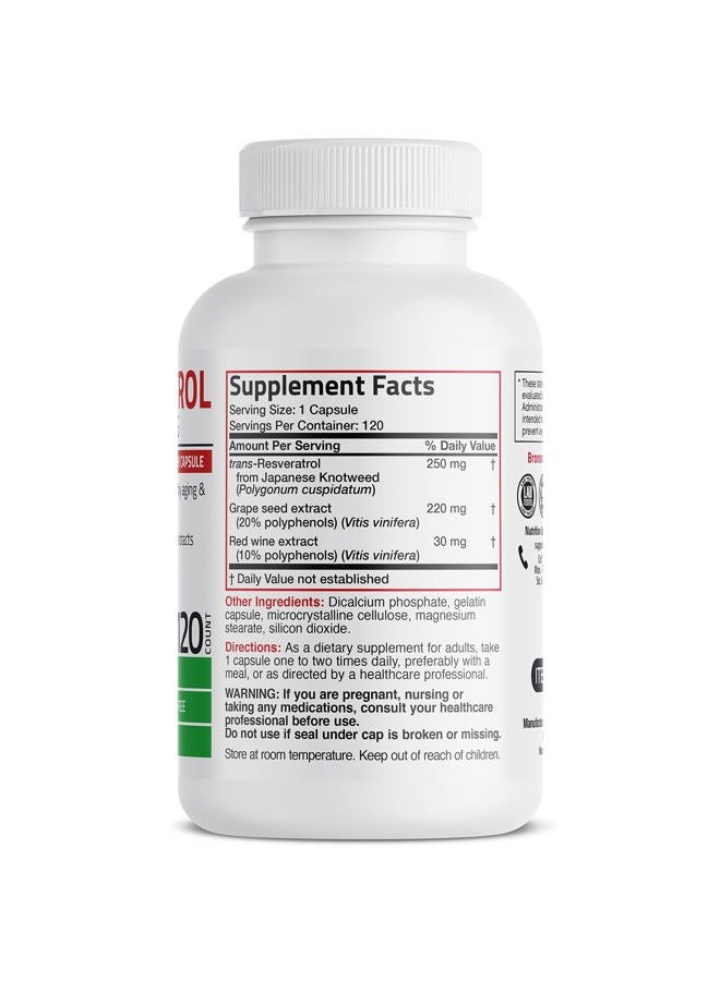 Bronson Resveratrol 500 Complex Standardized Trans-Resveratrol + Grape Seed & Red Wine Extract, 120 Capsules - Image 2