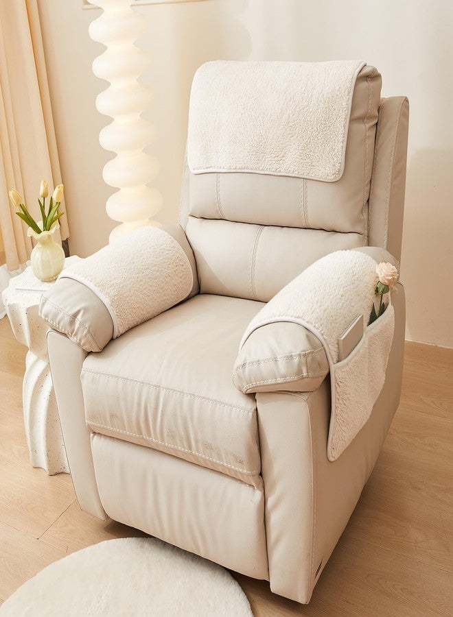 vctops 3 Pieces Sherpa Fleece Sofa Armrest Cover for Recliner Chair with Storage Pockets Non Slip Headrest Cover Fuzzy Couch Cover for Dogs Washable Furniture Protector (Cream,1 Seat) - Image 2