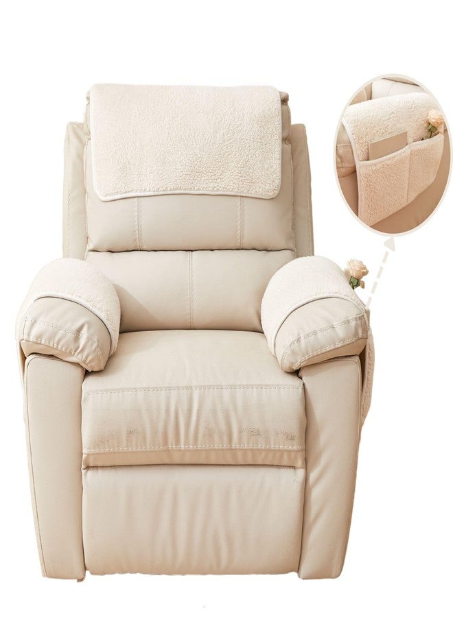 vctops 3 Pieces Sherpa Fleece Sofa Armrest Cover for Recliner Chair with Storage Pockets Non Slip Headrest Cover Fuzzy Couch Cover for Dogs Washable Furniture Protector (Cream,1 Seat) - Image 1