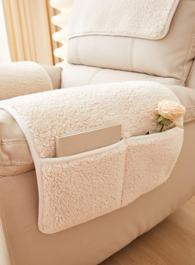 vctops 3 Pieces Sherpa Fleece Sofa Armrest Cover for Recliner Chair with Storage Pockets Non Slip Headrest Cover Fuzzy Couch Cover for Dogs Washable Furniture Protector (Cream,1 Seat) - Image 5
