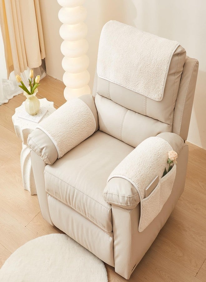 vctops 3 Pieces Sherpa Fleece Sofa Armrest Cover for Recliner Chair with Storage Pockets Non Slip Headrest Cover Fuzzy Couch Cover for Dogs Washable Furniture Protector (Cream,1 Seat) - Image 3