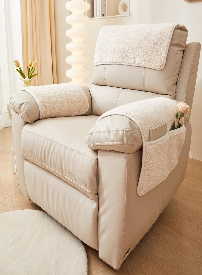 vctops 3 Pieces Sherpa Fleece Sofa Armrest Cover for Recliner Chair with Storage Pockets Non Slip Headrest Cover Fuzzy Couch Cover for Dogs Washable Furniture Protector (Cream,1 Seat) - Image 4