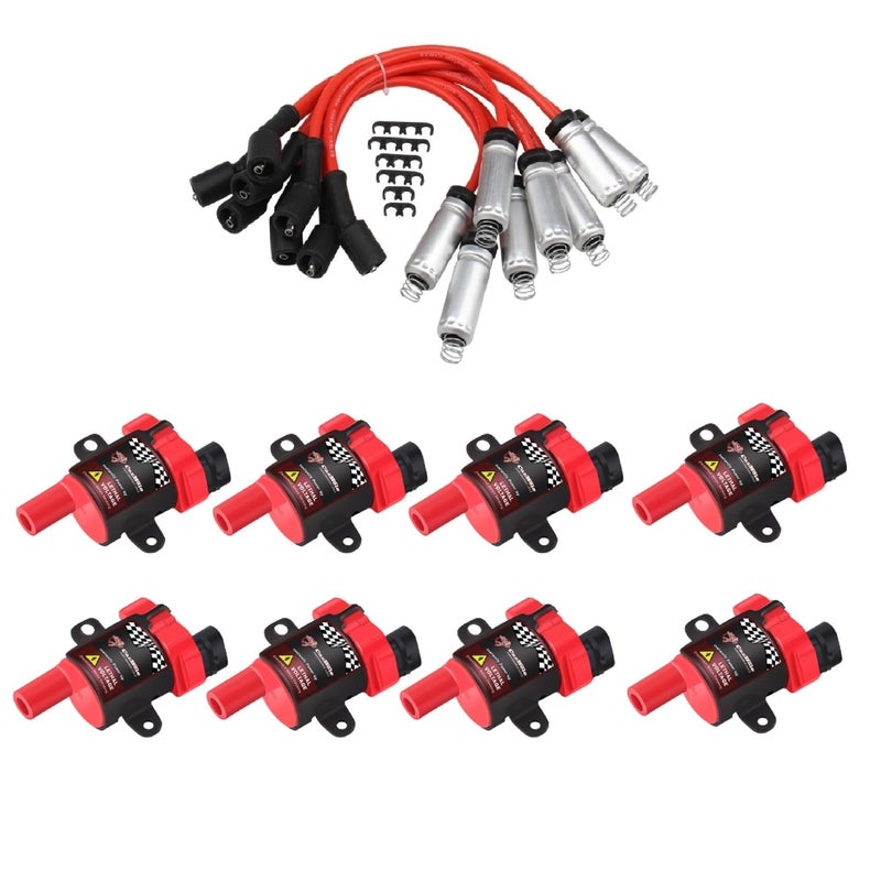CarBole Round D585 UF262 Ignition Coils and 748UU 8mm Spark Plug Wires Set, Fit For Chevy Silverado LS1 LS3 4.8 5.3L Chevrolet GMC 4.8L 5.3 5.7 6.0, Pack of 8pcs (Round Coils) - Image 1