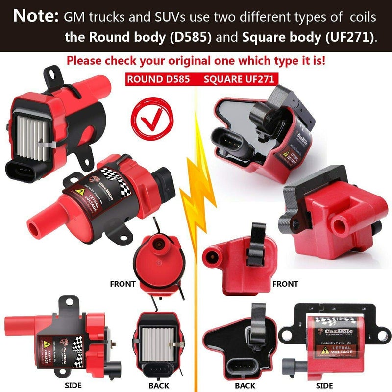 CarBole Round D585 UF262 Ignition Coils and 748UU 8mm Spark Plug Wires Set, Fit For Chevy Silverado LS1 LS3 4.8 5.3L Chevrolet GMC 4.8L 5.3 5.7 6.0, Pack of 8pcs (Round Coils) - Image 2