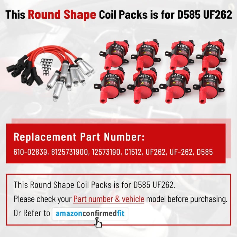 CarBole Round D585 UF262 Ignition Coils and 748UU 8mm Spark Plug Wires Set, Fit For Chevy Silverado LS1 LS3 4.8 5.3L Chevrolet GMC 4.8L 5.3 5.7 6.0, Pack of 8pcs (Round Coils) - Image 3