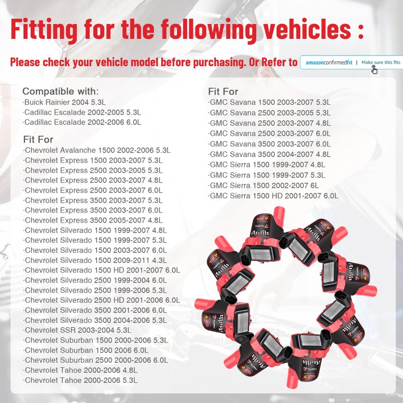 CarBole Round D585 UF262 Ignition Coils and 748UU 8mm Spark Plug Wires Set, Fit For Chevy Silverado LS1 LS3 4.8 5.3L Chevrolet GMC 4.8L 5.3 5.7 6.0, Pack of 8pcs (Round Coils) - Image 4