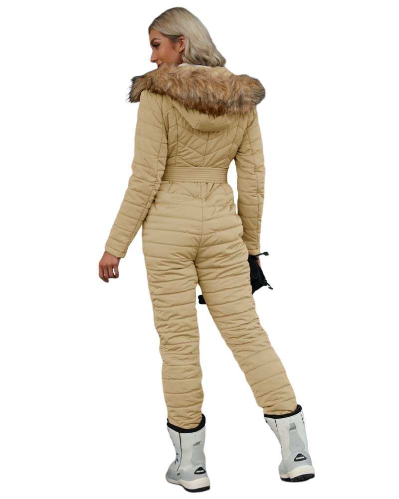 Cicy Bell Womens One Piece Ski Suits Winter Outdoor Sports Jumpsuit Fur Collar Coat Windproof Waterproof Hooded Snowsuit (Khaki, Medium) - Image 2