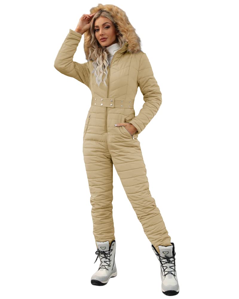 Cicy Bell Womens One Piece Ski Suits Winter Outdoor Sports Jumpsuit Fur Collar Coat Windproof Waterproof Hooded Snowsuit (Khaki, Medium) - Image 1