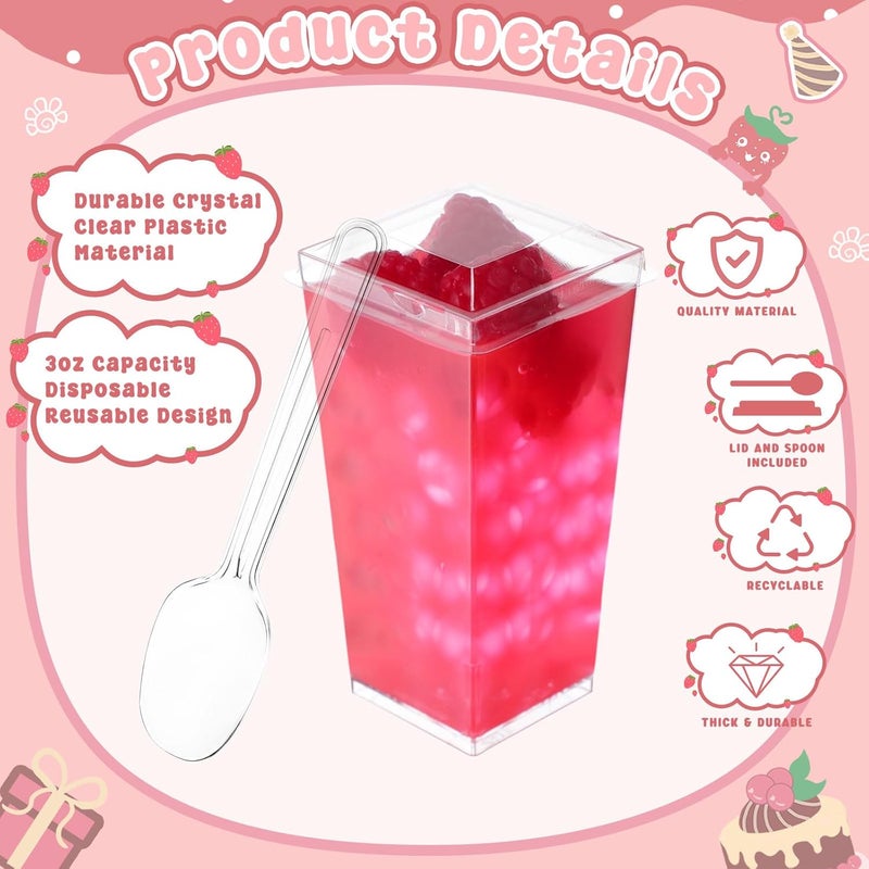Mimorou 600 Pcs 3 oz Mini Dessert Parfait Cups with Lids and Spoons Clear Square Appetizer Cup Disposable Plastic Dessert Bowl for Pudding Fruit Ice Cream Wedding Baby Shower Birthday Decoration - Image 3