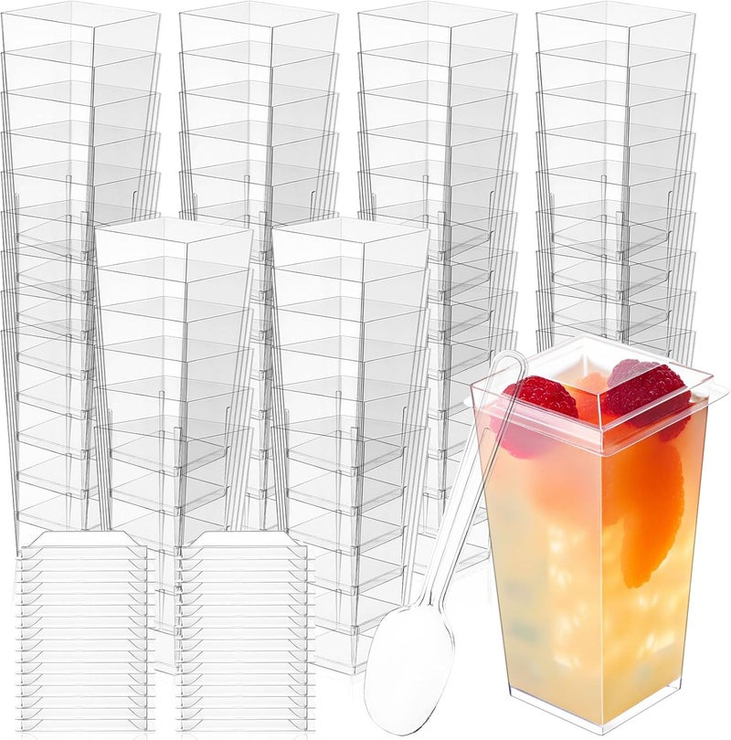 Mimorou 600 Pcs 3 oz Mini Dessert Parfait Cups with Lids and Spoons Clear Square Appetizer Cup Disposable Plastic Dessert Bowl for Pudding Fruit Ice Cream Wedding Baby Shower Birthday Decoration - Image 1