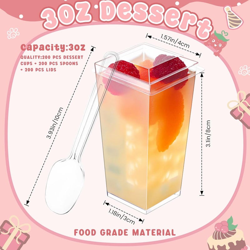 Mimorou 600 Pcs 3 oz Mini Dessert Parfait Cups with Lids and Spoons Clear Square Appetizer Cup Disposable Plastic Dessert Bowl for Pudding Fruit Ice Cream Wedding Baby Shower Birthday Decoration - Image 2