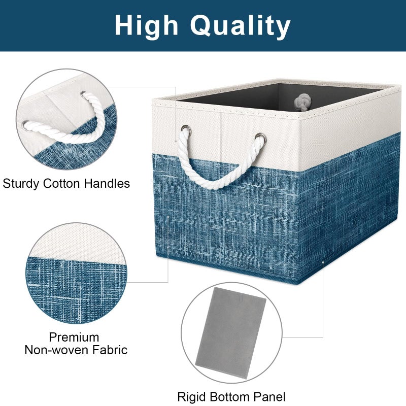 Fab totes Storage Bins [3-Pack], Foldable Storage Baskets for Organizing Toys, Books, Shelves, Closet, Large Storage Box with Rope Handles, Sturdy Organizer Bins, White & Blue - Image 2