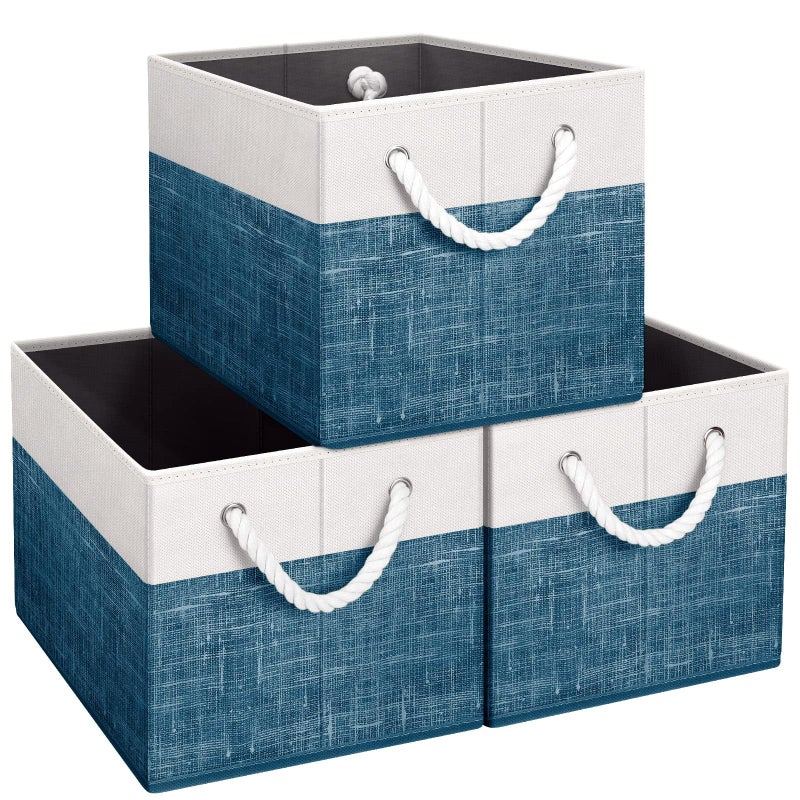 Fab totes Storage Bins [3-Pack], Foldable Storage Baskets for Organizing Toys, Books, Shelves, Closet, Large Storage Box with Rope Handles, Sturdy Organizer Bins, White & Blue - Image 1