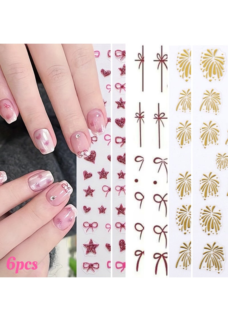 6sheets Shiny Bow Nail Art Stickers - 3D Glitter Bows Heart Star Nail Stickers Nail Art Supplies Self-Adhesive Silver Glitter Powder Design Sticker French Nail Tip for Fingernail Toe Manicure Nail Decoration - Image 1