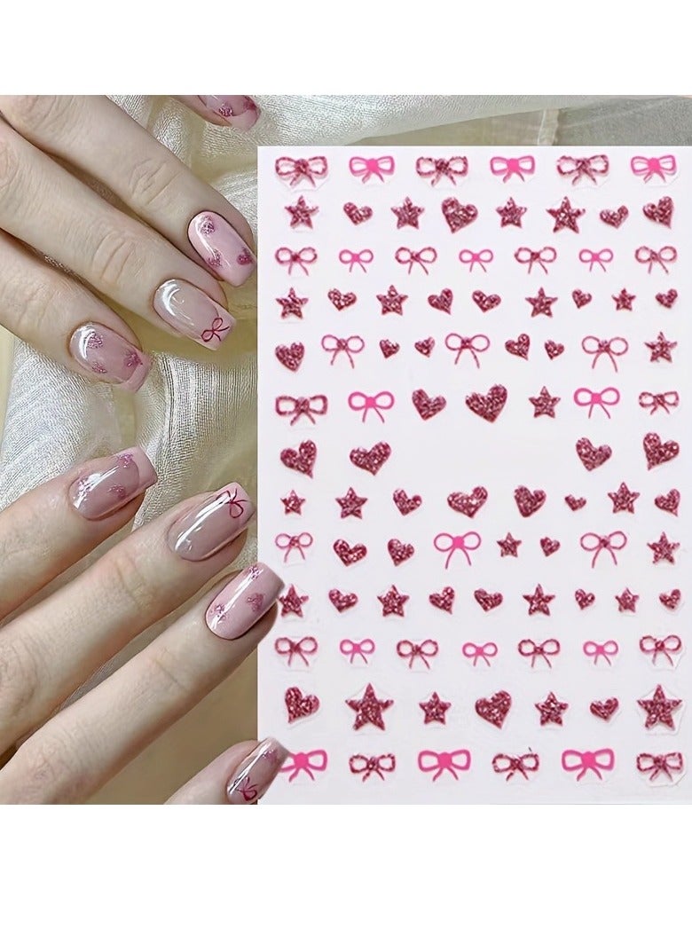6sheets Shiny Bow Nail Art Stickers - 3D Glitter Bows Heart Star Nail Stickers Nail Art Supplies Self-Adhesive Silver Glitter Powder Design Sticker French Nail Tip for Fingernail Toe Manicure Nail Decoration - Image 2