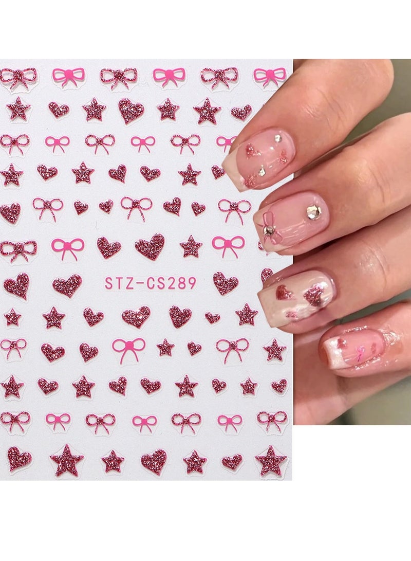 6sheets Shiny Bow Nail Art Stickers - 3D Glitter Bows Heart Star Nail Stickers Nail Art Supplies Self-Adhesive Silver Glitter Powder Design Sticker French Nail Tip for Fingernail Toe Manicure Nail Decoration - Image 5