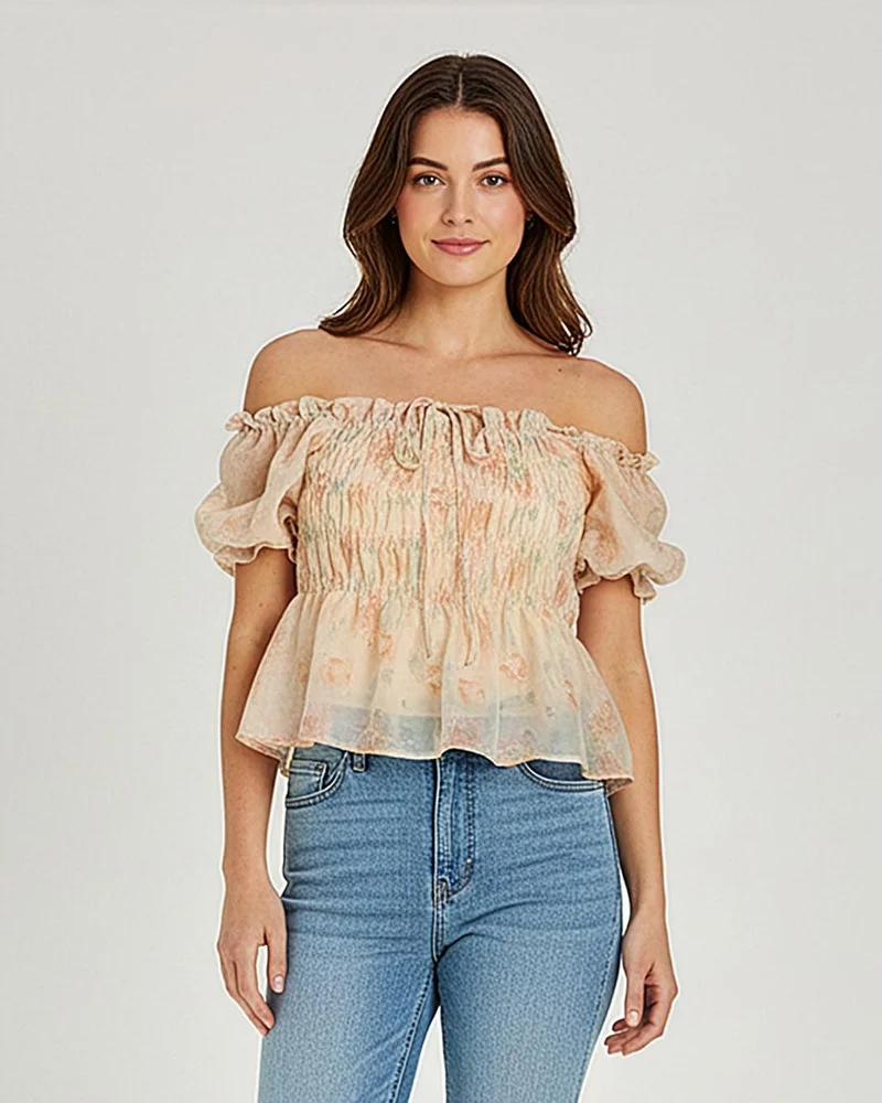 Redtag Women Peach and Cream And Printed Off Shoulder Top