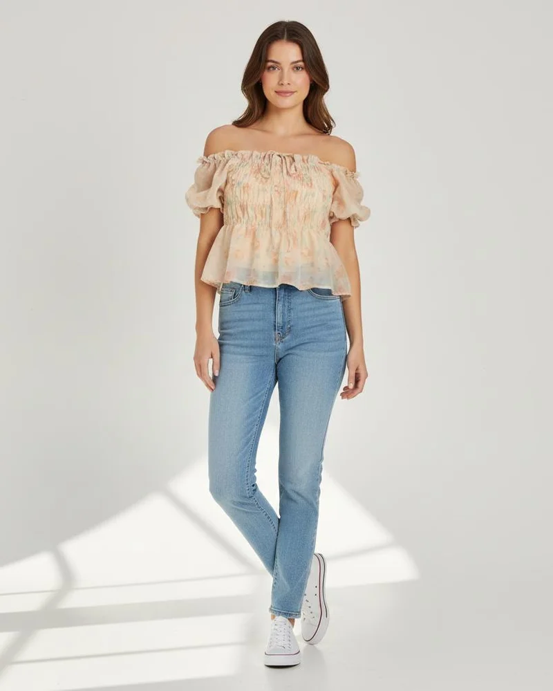 Redtag Women Peach and Cream And Printed Off Shoulder Top