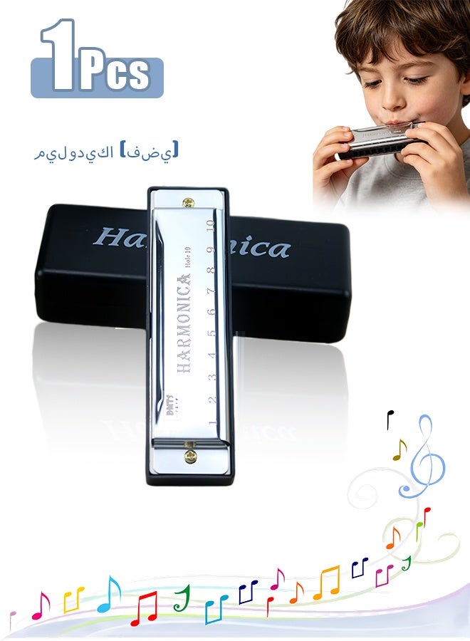 Harmonica, 1PCS Key of C 10 Hole 10 Tones Titanium Color Harmonica with Case for Beginner Students - Image 1