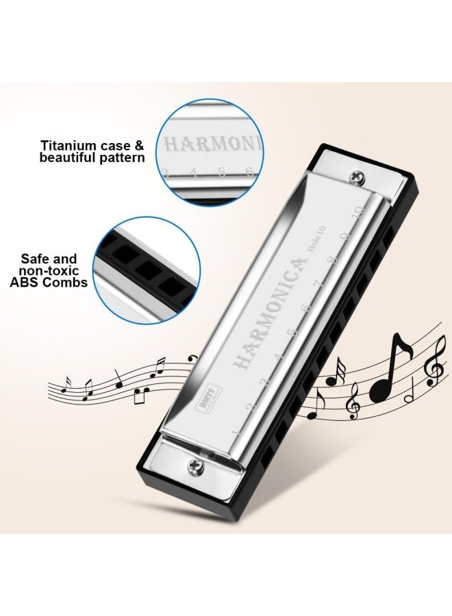 Harmonica, 1PCS Key of C 10 Hole 10 Tones Titanium Color Harmonica with Case for Beginner Students - Image 3