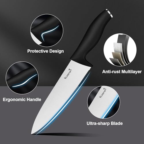 Kuisine Kitchen Chef Knife Block Set,High Carbon Stainless Steel Sharp Knife Set with Built-in Sharpener,Elegant Gift(Black,15pcs) - Image 4