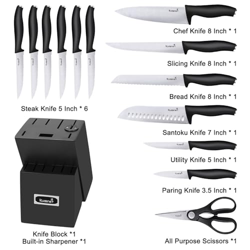 Kuisine Kitchen Chef Knife Block Set,High Carbon Stainless Steel Sharp Knife Set with Built-in Sharpener,Elegant Gift(Black,15pcs) - Image 2