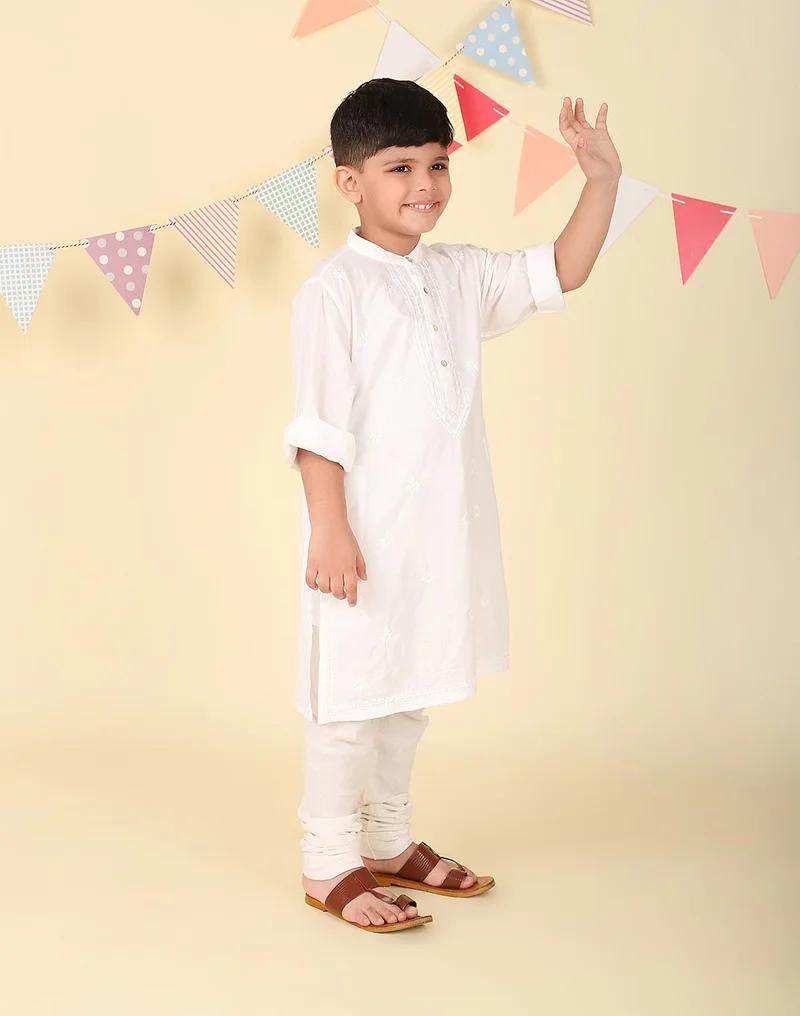 Fabindia White Cotton Chikankari Long Kurta